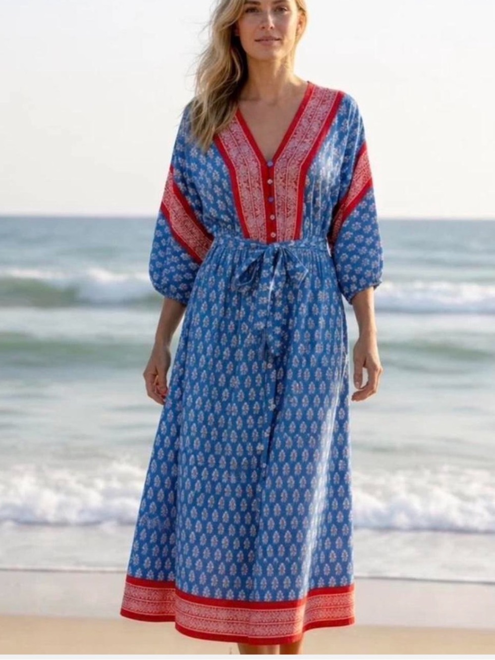 J. Crew Blue and Red V-Neck Tie-Waist Swim Cover-Up Dress